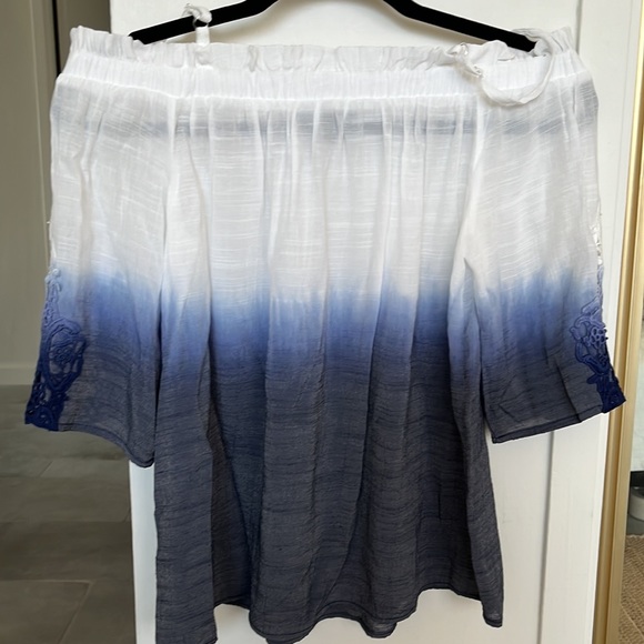 Spaghetti strap/off shoulder gradient blue top with crochet on sleeves NWOT - Picture 2 of 3